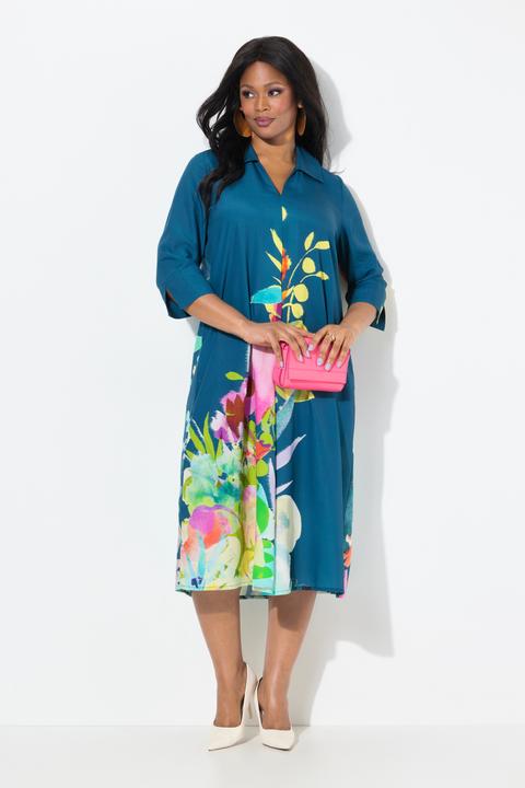 Immagine prodotto Ulla Popken Abito midi dal taglio svasato con fiori, colletto da camicia e maniche a 3/4 (54)