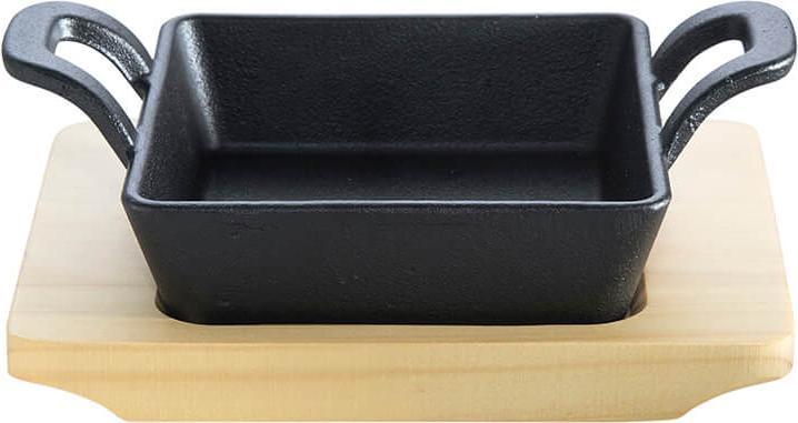 Image du produit All'Grill Poêlon en fonte -carré- avec 2 poignées 14 x14 cm et dessous de plat en bois