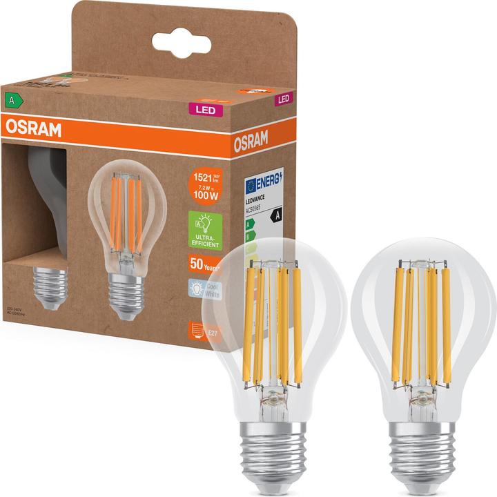 Image du produit Osram LED LAMPS ENERGY CLASS A ENERGY EFFICIENCY FILAMENT CLASSIC A 7.2W 840 Clear E27 (E27, 1521 lm, 2x)