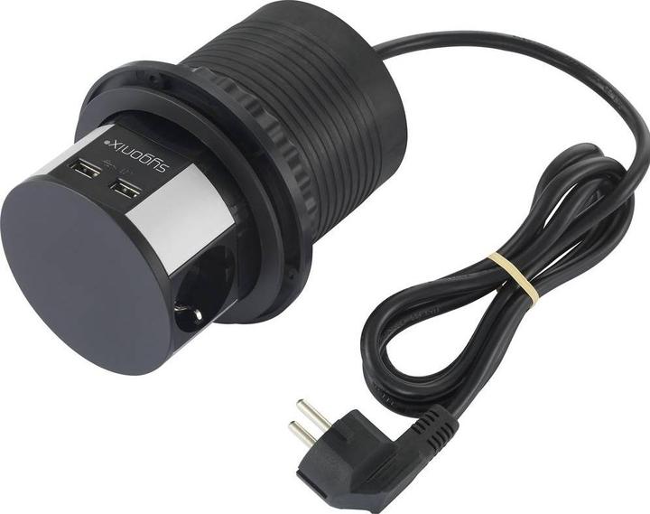 Actual product image Sygonix SY-4780156 Socket tower Black, silver Earth contact 1pc. (3x, CEE 7/3, 1.50 m)