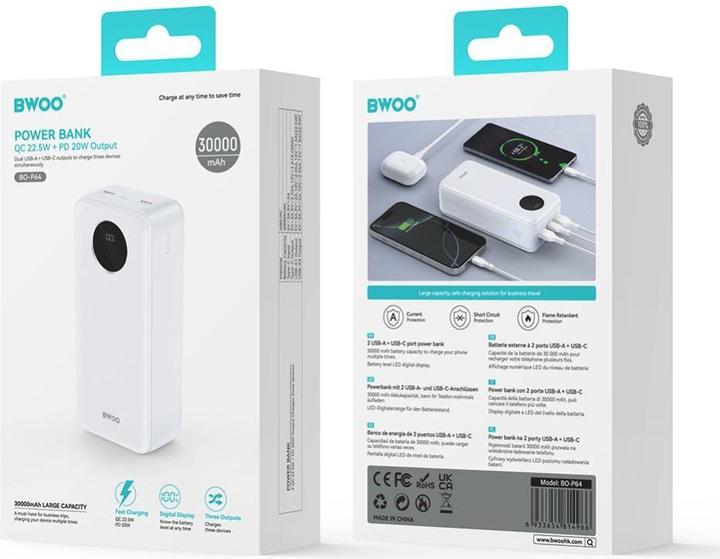 Actual product image Bwoo 22,5W 30000 mAh power bank with LCD screen, white (30000 mAh, 20 W, 111 Wh)