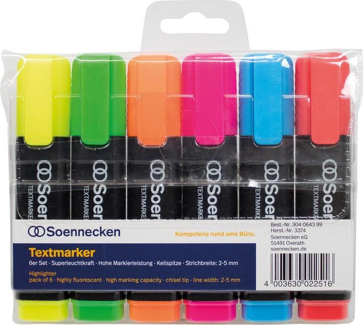Soennecken Leuchtmarker (Rot, Grün, Gelb, Rosa, Orange, Blau, 5 mm, 6 x)
