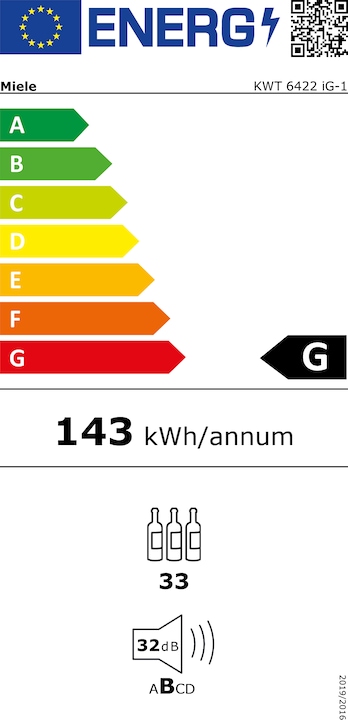 Energy Label Miele KWT 6422 iG-1 sw EB wine cabinetG 89cm 104L/33Flx0.75L integr