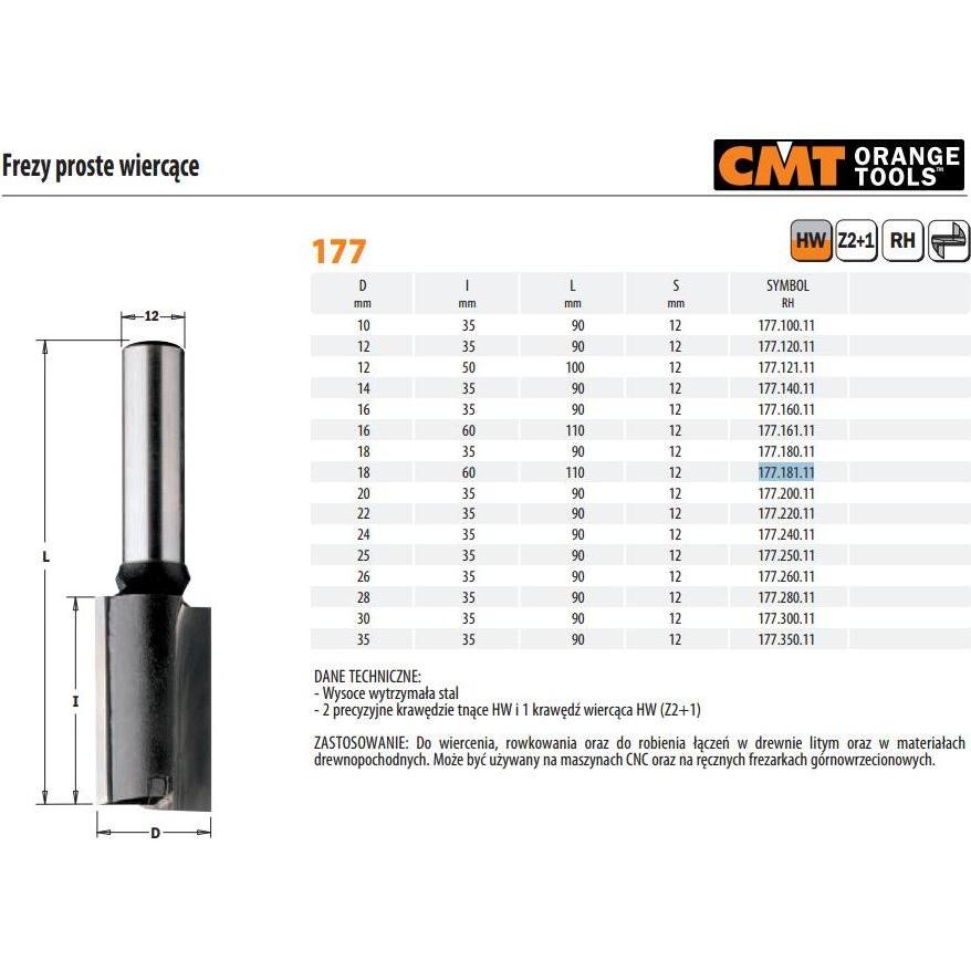 CMT, Punte per fresa, FREZ PROSTY WIERCĄCY HM D=18 I=60 L=110 S=12