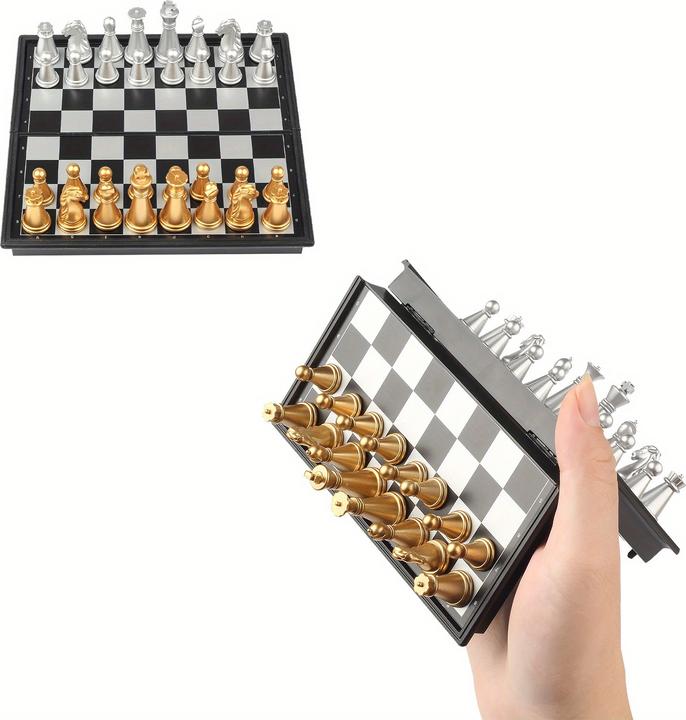 PhoneLook Mini jeu d'échecs magnétique pliable portable (12 cm) idéal pour les voyages avec pièces dorées et a