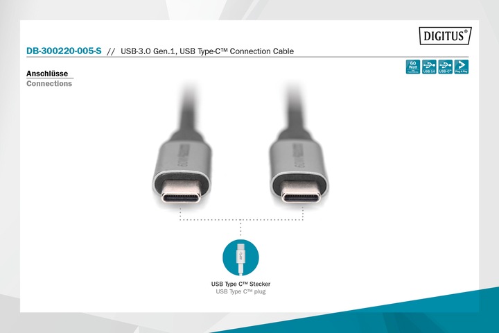 Produktbild Digitus USB-3.0 Gen.1, USB Type -C Anschlusskabel (0.50 m, USB 3.0)