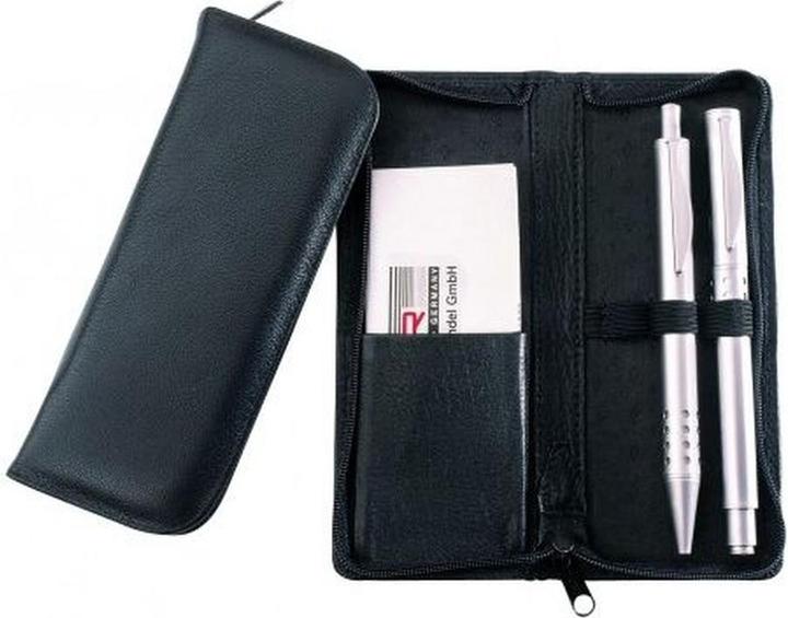 Writing utensil case, for 3 writing utensils, black leather, with credit card compartment on the