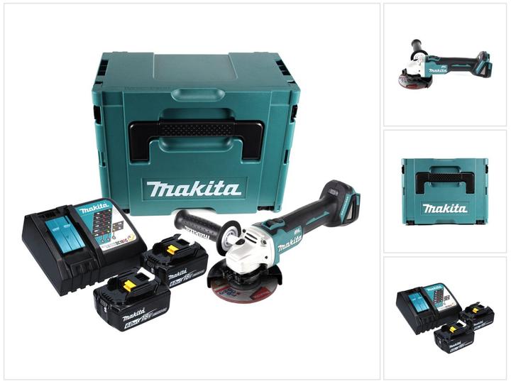 1x Makita DGA 504 cordless angle grinder, 1x Makita 125 mm grinding disc ( A-80656 ), 1x assembly tool, 1x additional handle, 2x Makita BL 1860 B 18 V 6.0 Ah battery, 1x Makita DC 18 RC charger, 1x Makita Makpac, 1x matching insert