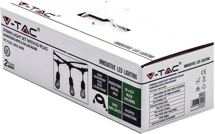 Produktbild V-TAC Gartengirlande (Seil) 5 Meter 10 Lampenfassungen E27 Gummi+Fassung IP54 VT-7135 (E27, IP54)