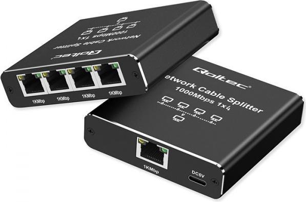 Qoltec Rozdzielacz splitter Ethernet mini SWITCH 1x4 RJ45 | 1000Mb/s | USB-C | Aluminium (4 ports)