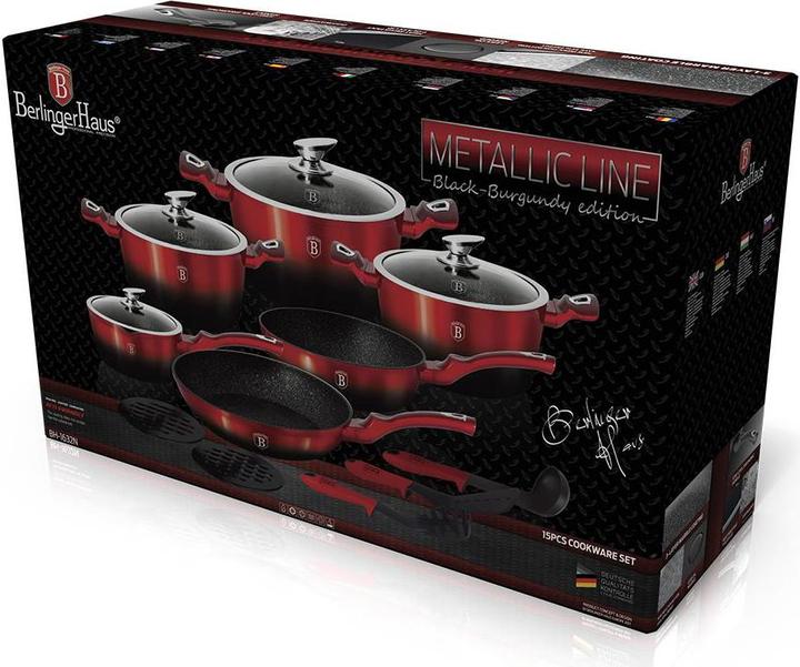 Productafbeelding BerlingerHaus 15-delige pannenset uit de serie METALLIC LINE - Black BURGUNDY BH-1632 (28 cm, Kookpotten en pannenset, Gegoten aluminium)