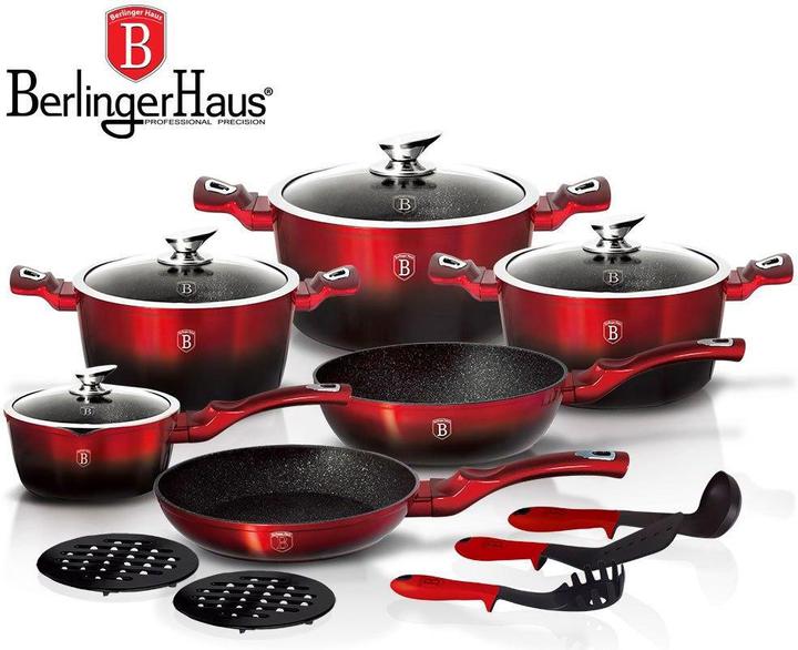 Productafbeelding BerlingerHaus 15-delige pannenset uit de serie METALLIC LINE - Black BURGUNDY BH-1632 (28 cm, Kookpotten en pannenset, Gegoten aluminium)