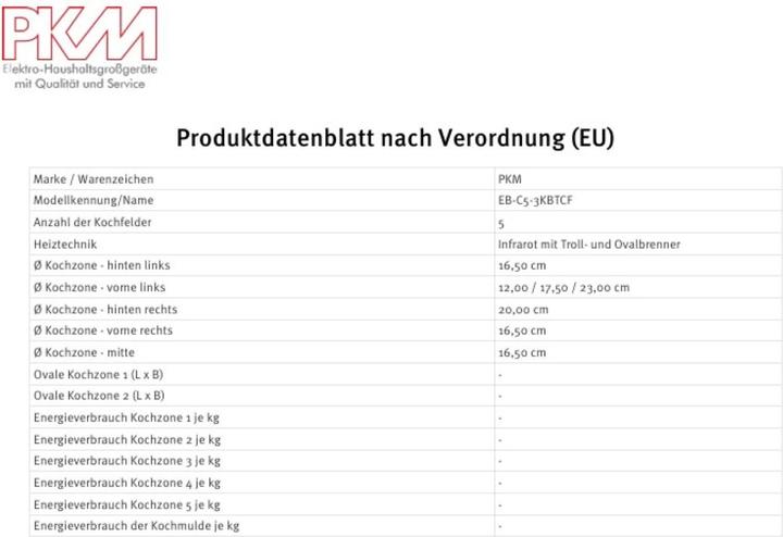 Valori nutrizionali e ingredienti PKM EB-C5-3KBTCF (77 cm, Piano cottura in vetroceramica)