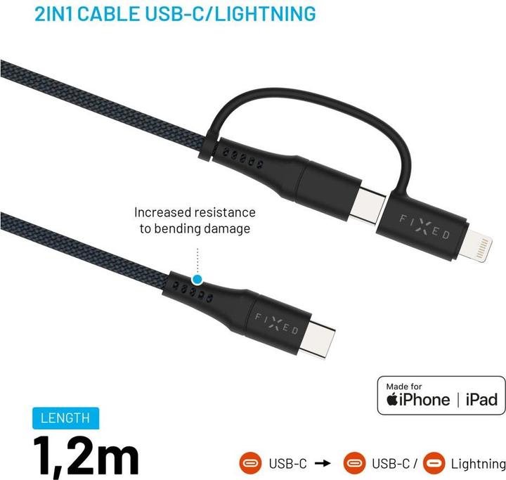 Actual product image Fixed Braided Cable USB-C/USB-C, Lightning Adapter, 1.2m, MFi, PD 60W, gray (1.20 m, USB 2.0, 60 W)