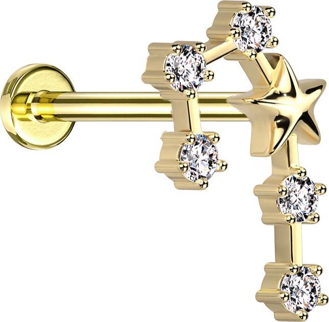 Produktbild Star Piercing Micro Labret Innengewinde vergoldet Sternzeichen Zwillinge mit Kristallen (Messing, Chirurgenstahl 316L)