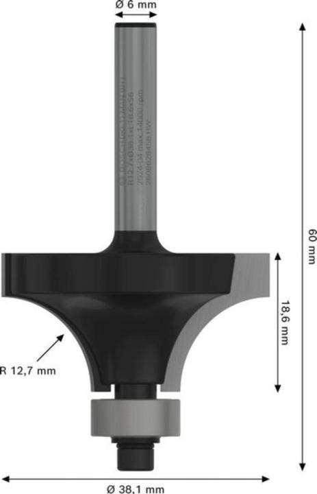 Produktbild Bosch Professional Zubehör Abrundfräser, 6 mm, R1 12,7 mm, D 38,1 mm, L 18,6 mm, G 60 mm