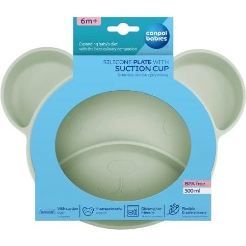 Canpol, Kindergeschirr + Kinderbesteck, Dreiteiliger Silikonteller mit Saugnapf, Teddybär 51/401 grau, 6m+