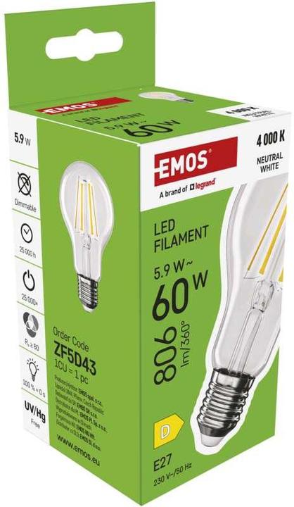 Image du produit Emos Ampoule LED filament A60 / E27 / 5,9 W (60 W) / 806 lm / Blanc neutre (E27, 5.90 W, 806 lm, 1 x, D)