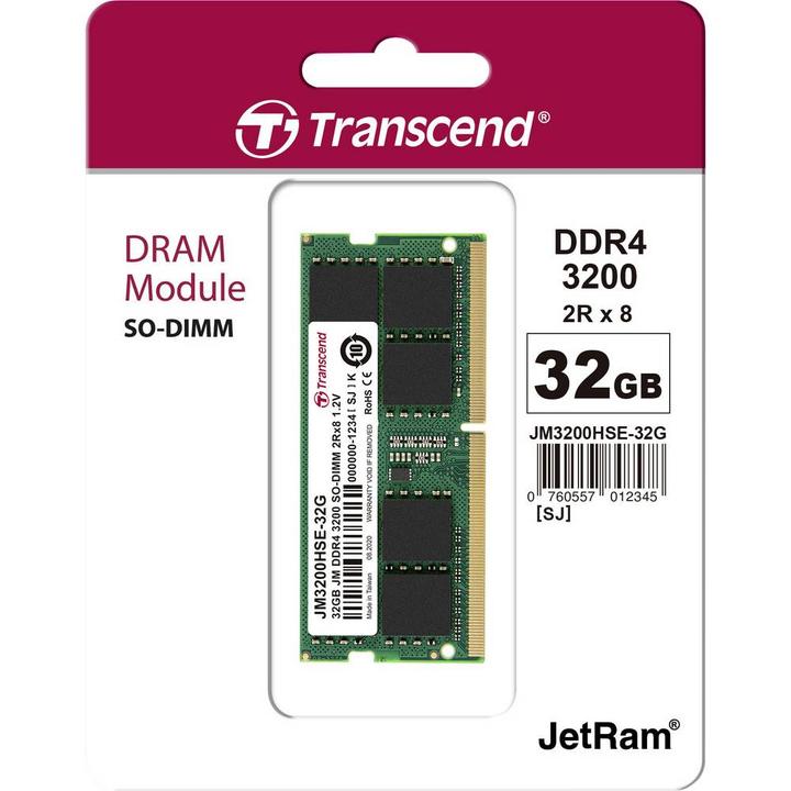 Actual product image Transcend SO DDR4 PC 3200 CL22 JetRam, JM3200HSE-32G (2 x 8GB, 3200 MHz, DDR4-RAM, SO-DIMM)