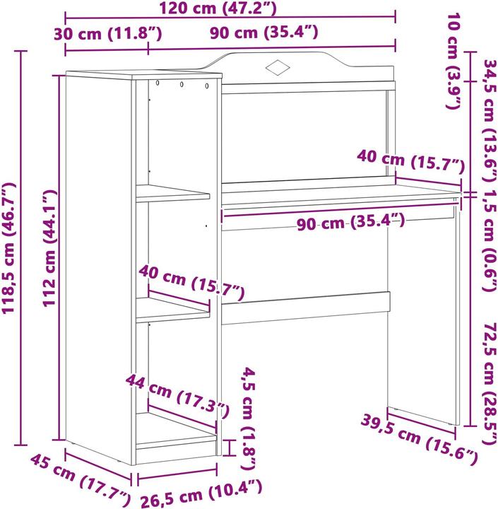 Immagine prodotto vidaXL Büroschreibtisch (45 x 120 x 118.50 cm)