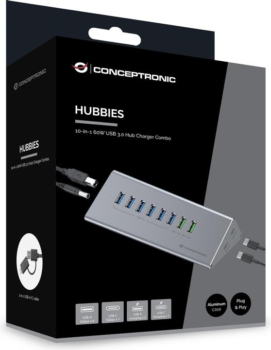 Produktbild Conceptronic Dock USB-C->1xUSB-C,6xUSB-A,100WPD o.N.0.37m (USB-C, 10 Ports)