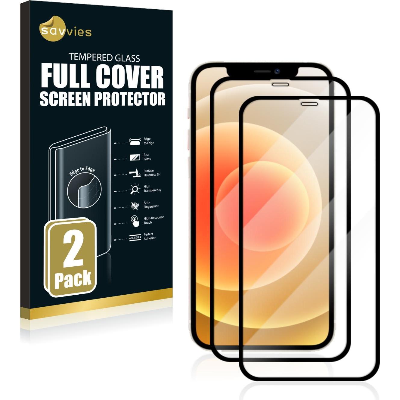 Savvies Full-Screen Displayschutz Panzerglas Schutzglas (2 Stück, Apple iPhone 12 Pro), Smartphone Schutzfolie, Transpar...