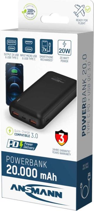 Actual product image Ansmann Powerbank 20.000 mAh PB320PD USB-C On/Offg (20000 mAh, 20 W, 74 Wh)