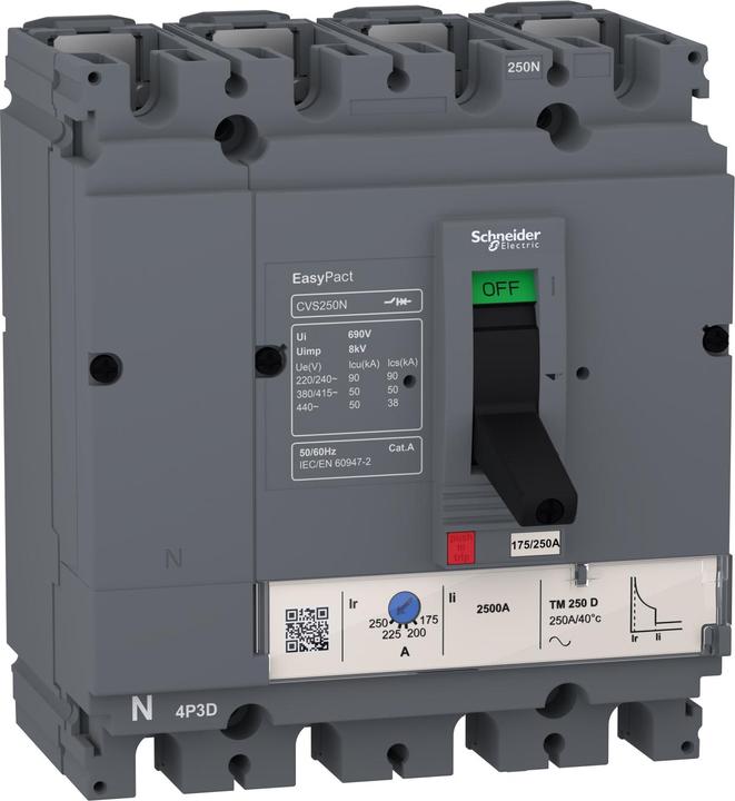 Produktbild Schneider Leistungsschalter EasyPact CVS100N, 50kA bei 415VAC, 16A, TM-D Auslöser, 4P3d LV510480