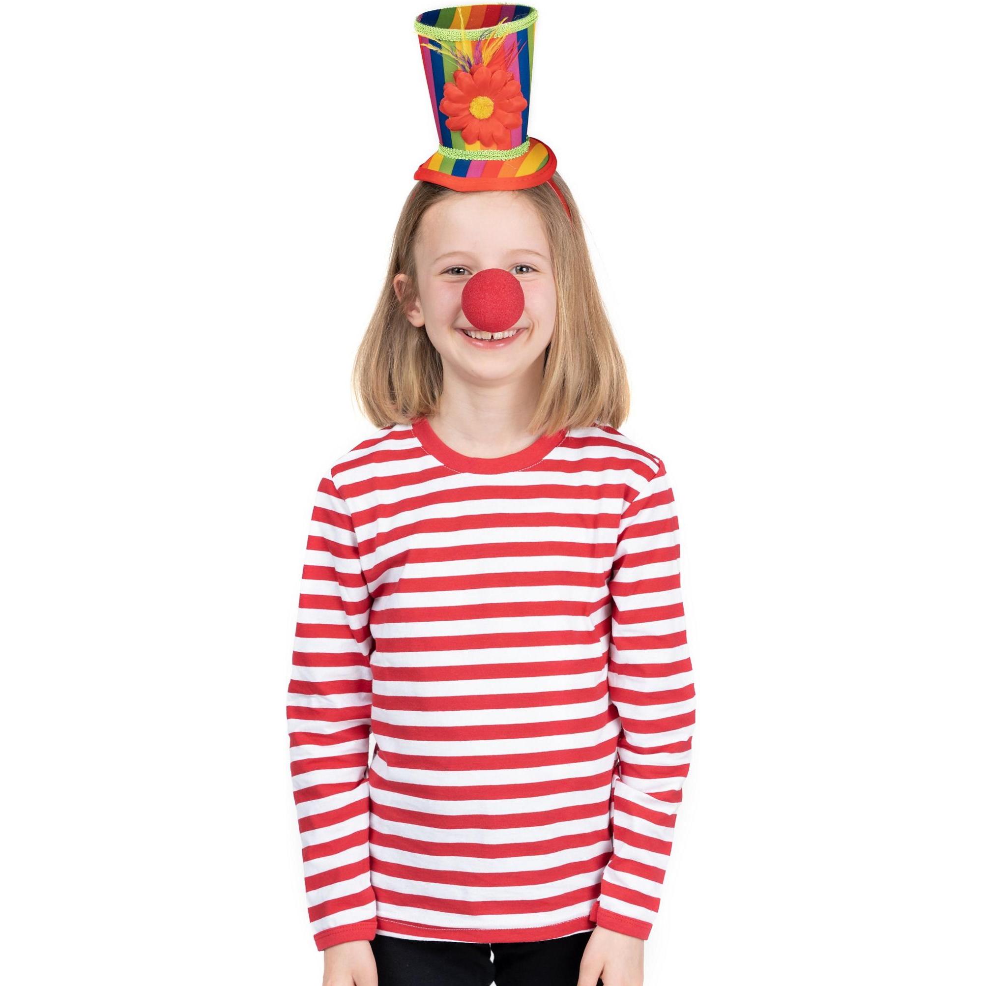 Metamorph Clownskostüm für Kinder mit rotem Ringelshirt, Clownsnase und Hut (128)