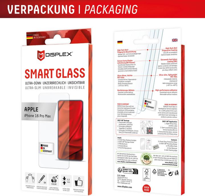 Nährwerte und Zutaten Displex Smart Glass, Displayschutzfolie (1 Stk., Apple iPhone 16 Pro Max)