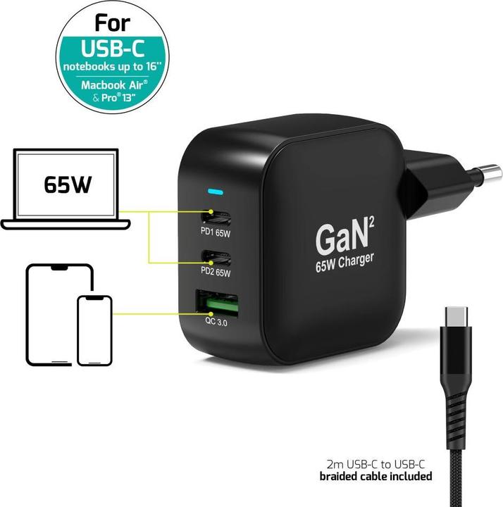Image du produit Port Designs Port WALL GaN2 CHARGER USB-C & USB-A 65W (65 W, 3 ports)