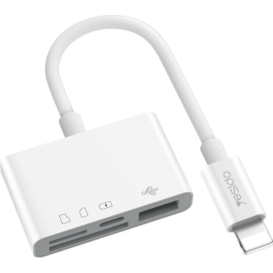 Yesido - Card Reader and Adapter (GS12) - Lightning to USB, Lightning, SD, MicroSD - White (Lightning, USB), Lettore di schede di memoria, Bianco