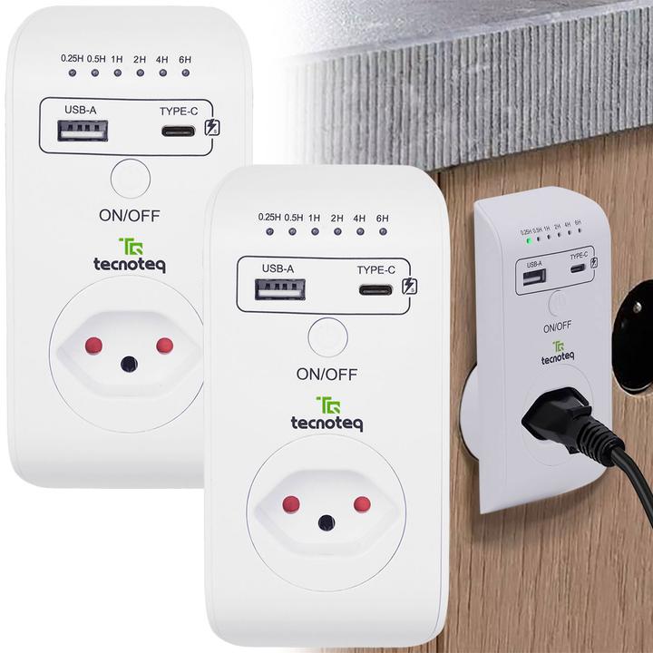 Produktbild Tecnoteq Steckdose mit 2x USB-Ladeport, 3.1 A, Timer, Überspannungsschutz, Swiss-Edition, 2er-Set