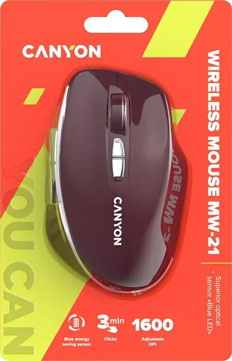 Actual product image Canyon MW-21, Wireless optical mouse, USB rec., Blue LED sensor, 800/1,200/1,600 dpi, 3 buttons, bur (Wireless)