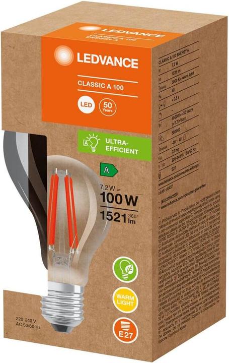 Image du produit Osram EFFICACITÉ ÉNERGÉTIQUE FILAMENT A 100 72 W E27A (E27, 1521 lm, 1x)
