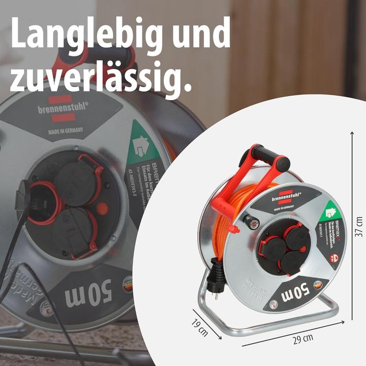 Actual product image Brennenstuhl Outdoor Cable Reel with Overheating Protection and 3 Water-Resistant Sockets (50 m)