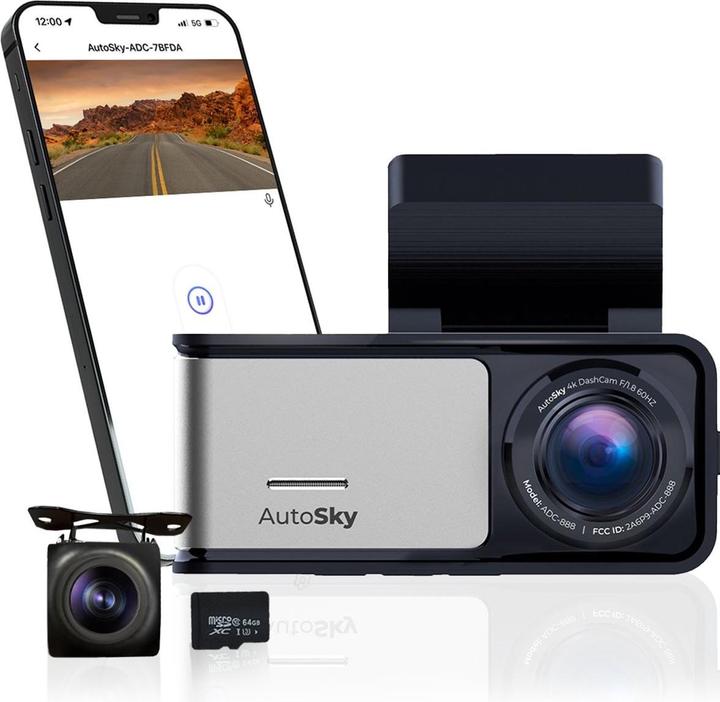 Produktbild AutoSky 4K Dash Cam Pro Front 4K + Rear 1080P GPS ADC888 (GPS-Empfänger, Nachtsicht, WLAN, 4K)