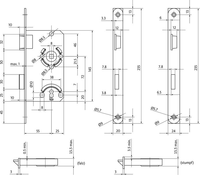 Actual product image BKS Room door mortice lock 0215 BAD 18/ 55/78/8 mm DIN right silver rounded Class 1 PVC-U (Mortise lock)