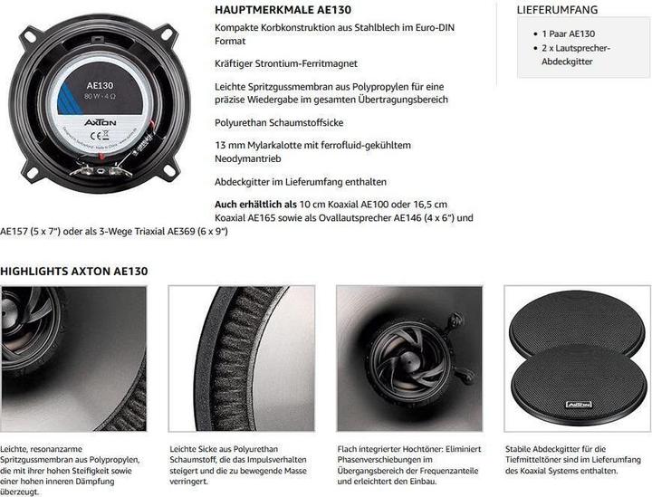 Produktbild Axton Głośnik samochodowy AE130 13 cm głośniki koaksjalne 2-drożne (80 W, 13 cm)