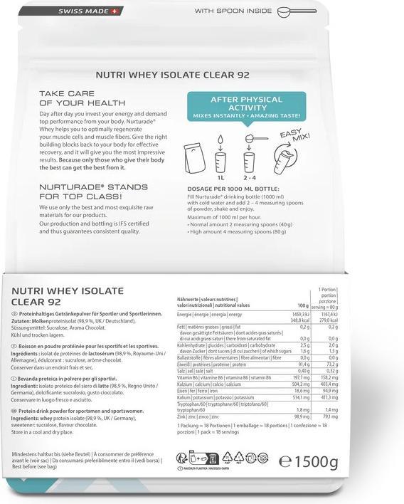 Valeurs nutritives et ingrédients Nurturade Care CHOCO Nutri Whey Isolate Clear 92 % en poudre (Chocolate, 1 x, 1500 g)