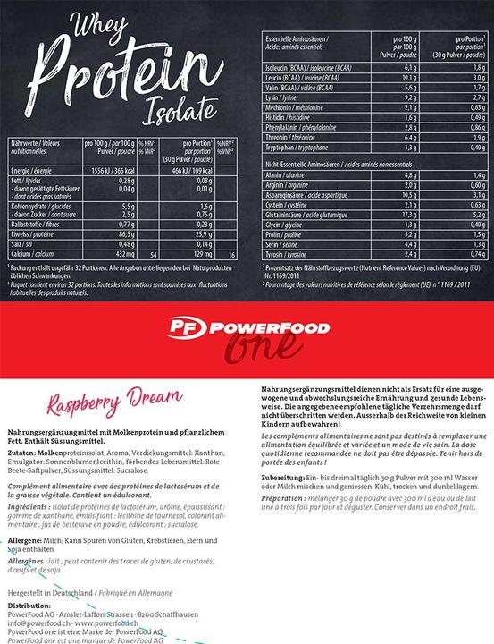 Nährwerte und Zutaten PowerFood One Whey Protein Isolate (Himbeere, 1 Stk., 1000 g)