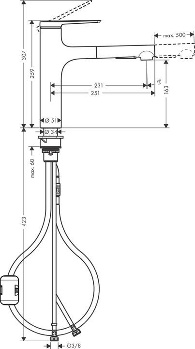 Image du produit hansgrohe HG Mitigeur monocommandé pour évier Zesis M33 160 Douchette extractible 2 jets finition inox