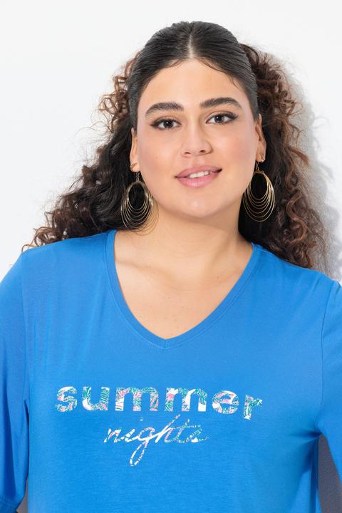 Image du produit Ulla Popken T-shirt à message, volant, décolleté en V et manches courtes (58)