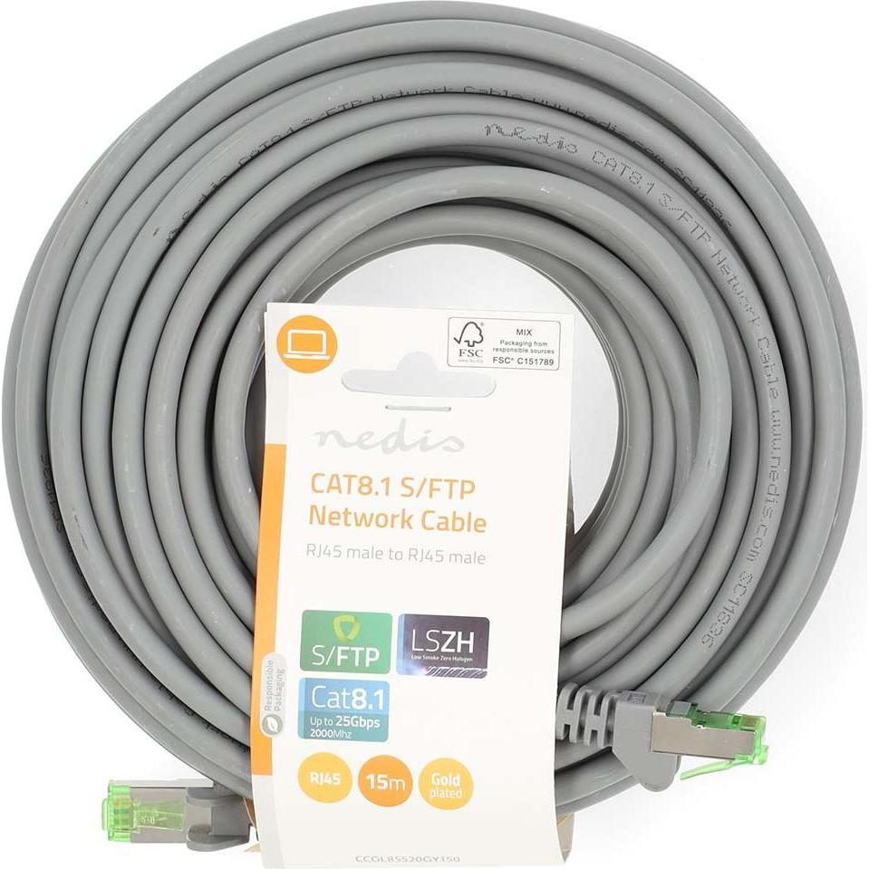 Nedis Cat 8.1-Netzwerkkabel S/FTP RJ45 Stecker RJ45 Stecker 15.0 m Rund LSZH Grau La (S/FTP, CAT8.1, 15 m), Netzwerkkabe...