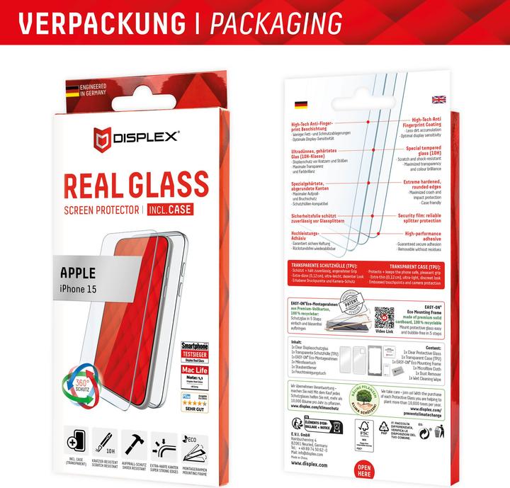 Produktbild Displex Real Glass, 2D Panzerglas + Handyhülle (1 Stück, Apple iPhone 15)