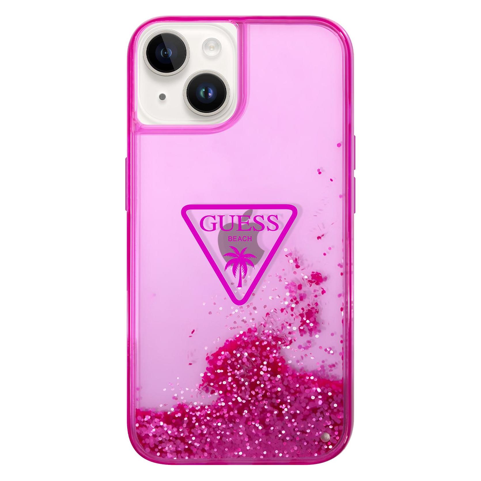 Guess Hülle Glitter Palm, Rosa Series (Apple IPhone 14 Plus), Smartphone Hülle, Rosa, Pink