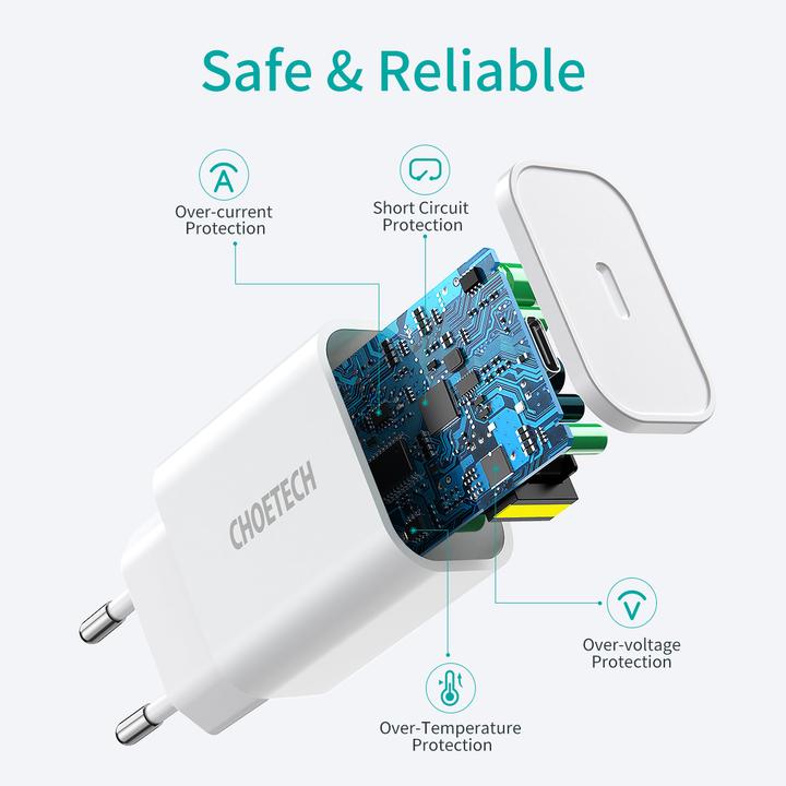 Produktbild Choetech 20W Typ C WandladegerÃ¤t WeiÃ EU Q5004 EU (20 W)