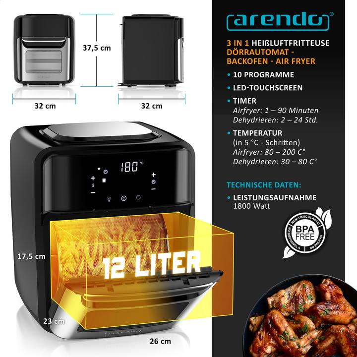 Produktbild Arendo Heissluftfritteuse mit Zubehör, Airfryer 12 L, 3in1 Edelstahl Heissluftfritteuse XXL, 1800 W