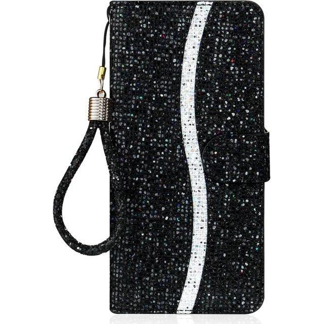 MU Style Leder Glitzerhülle mit Streifen (Samsung Galaxy S22+), Smartphone Hülle, Schwarz