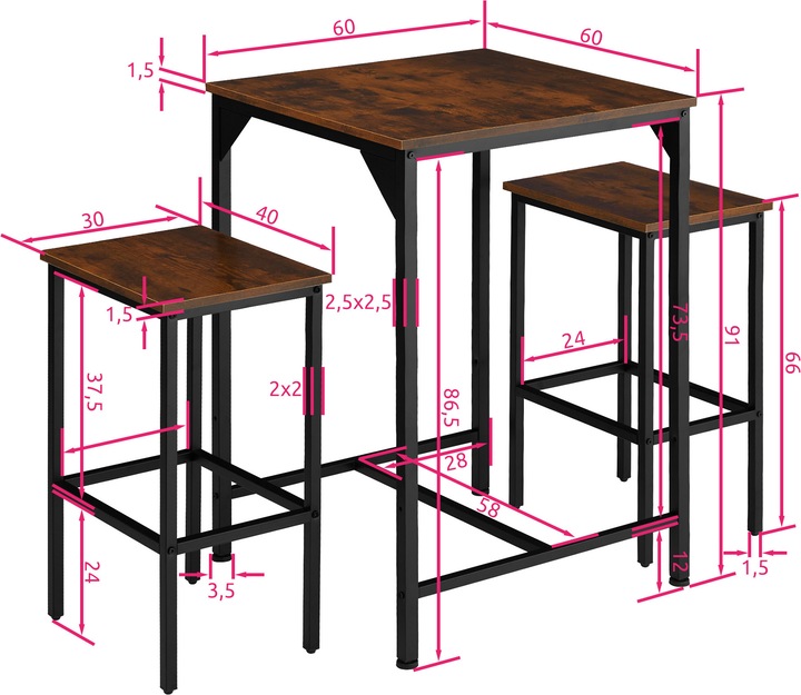 Image du produit tectake Ensemble de bar Inverness (60 x 60 x 91 cm)